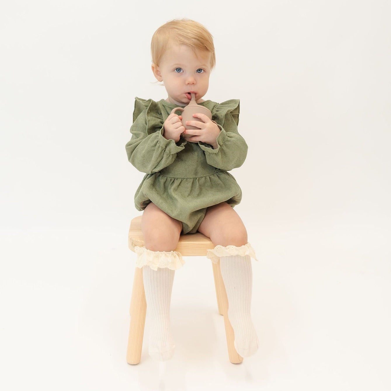 Green Long Sleeve Corduroy Ruffle Romper