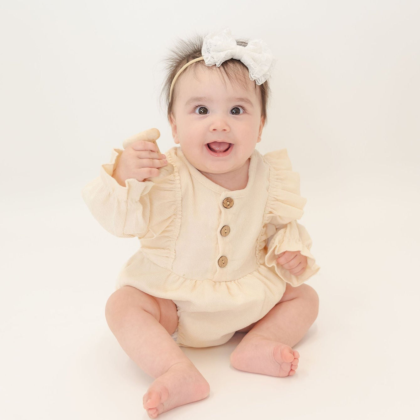 Ivory Long Sleeve Corduroy Ruffle Romper
