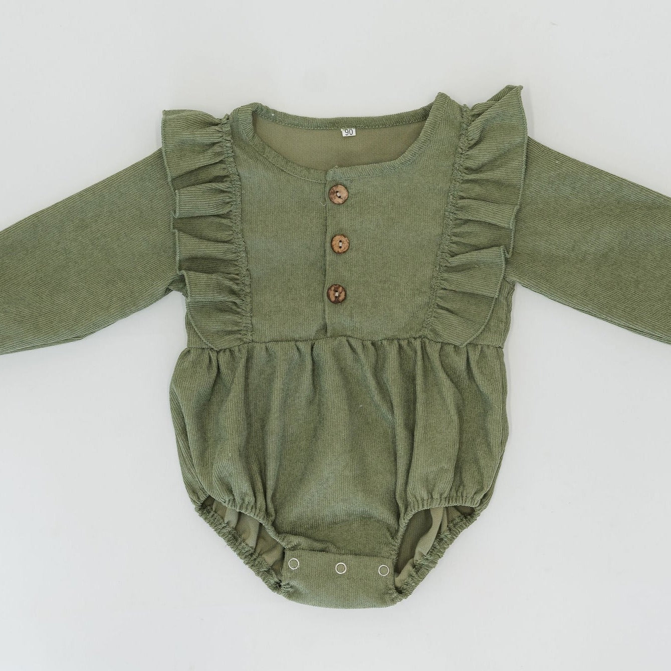 Green Long Sleeve Corduroy Ruffle Romper