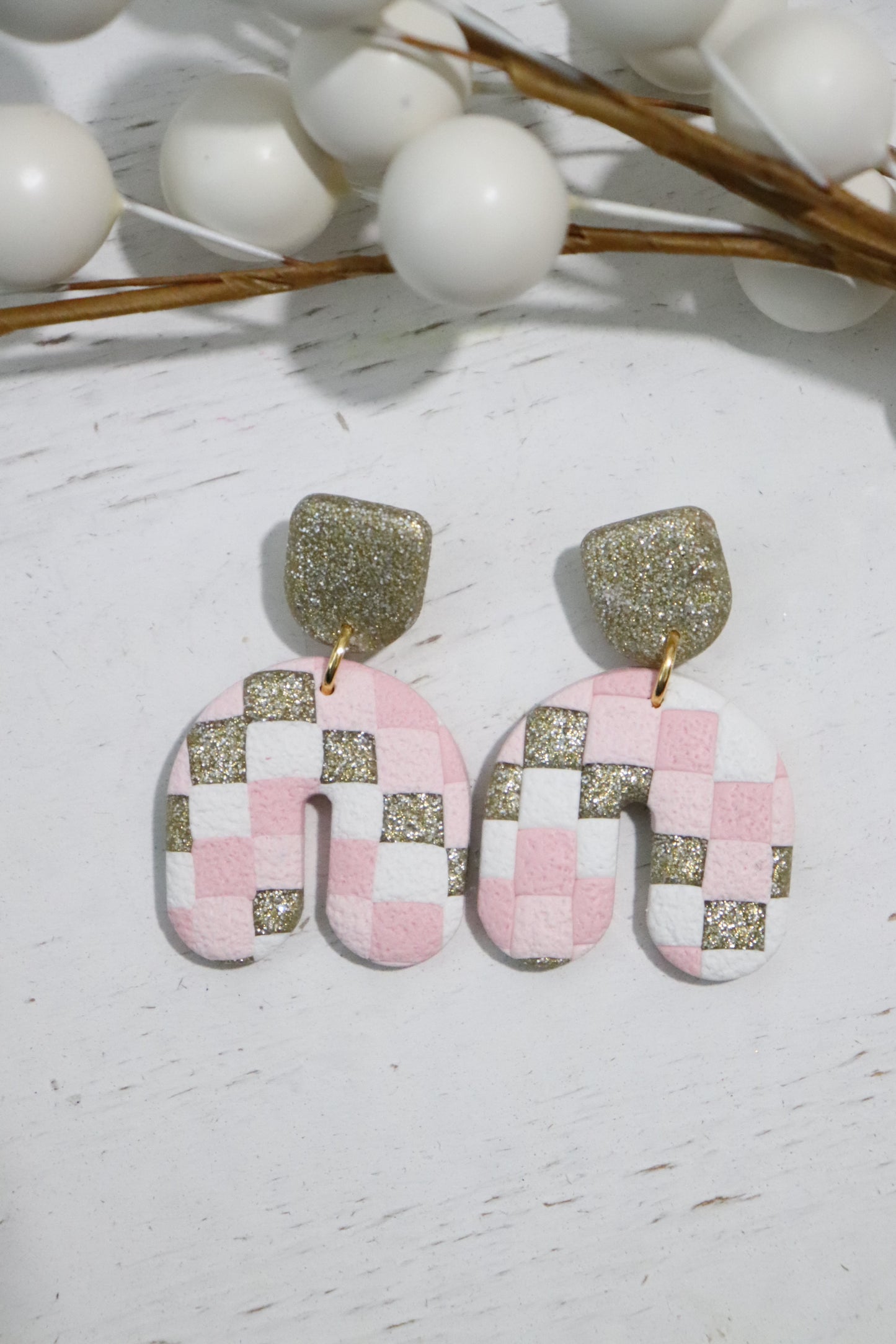 Gold and Pink Checkered Dangle