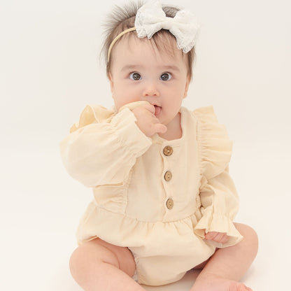 Ivory Long Sleeve Corduroy Ruffle Romper